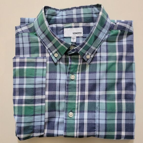 Sonoma Goods For Life® Men's Blue Green Plaid Button-down Short Sleeve Shirt - Picture 12 of 13
